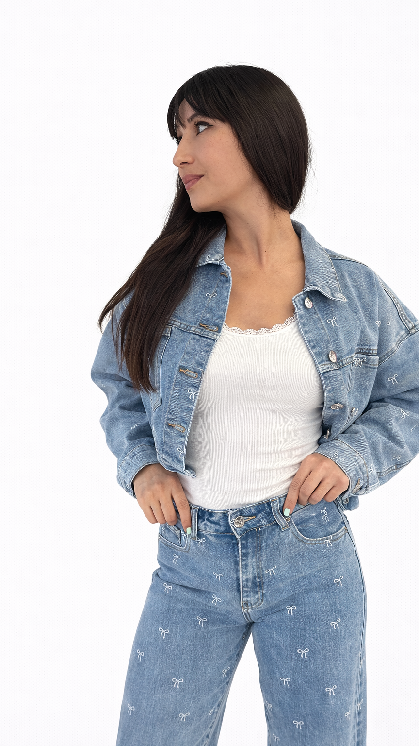 Veste en jean broderie noeud