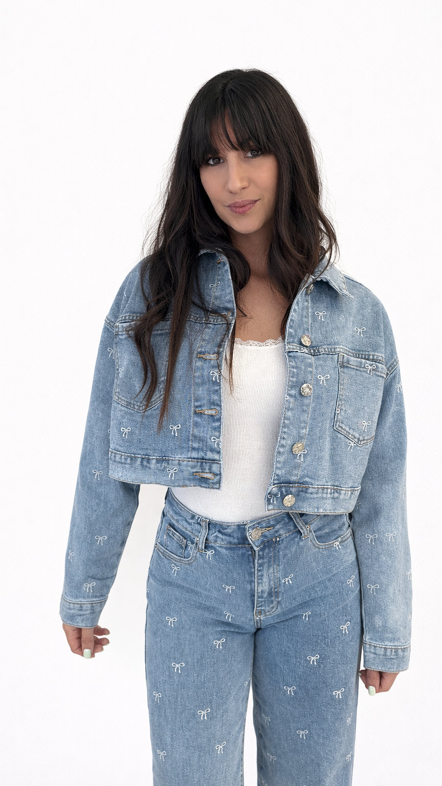 Veste en jean broderie noeud