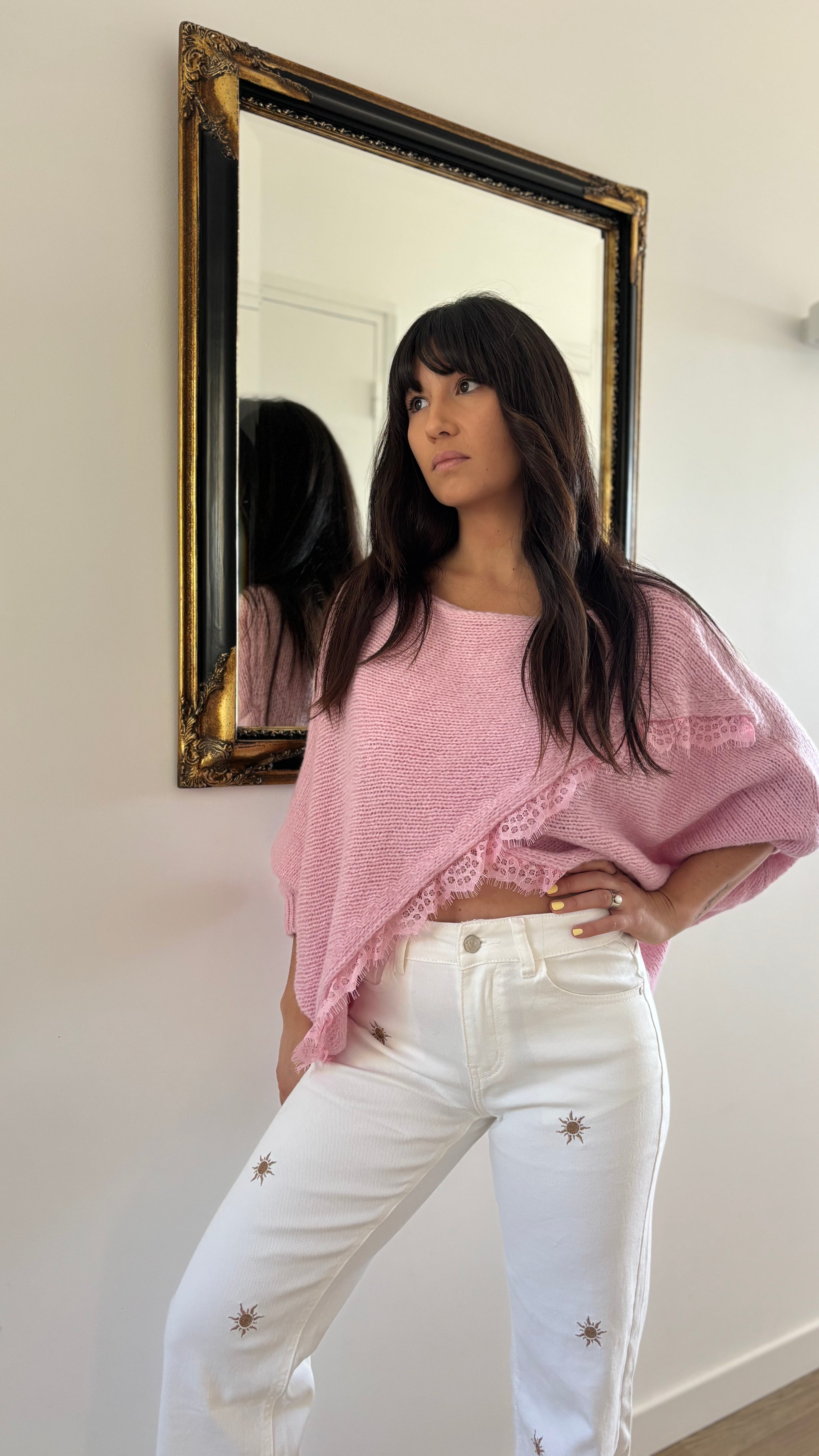 Jean droit broderie soleil