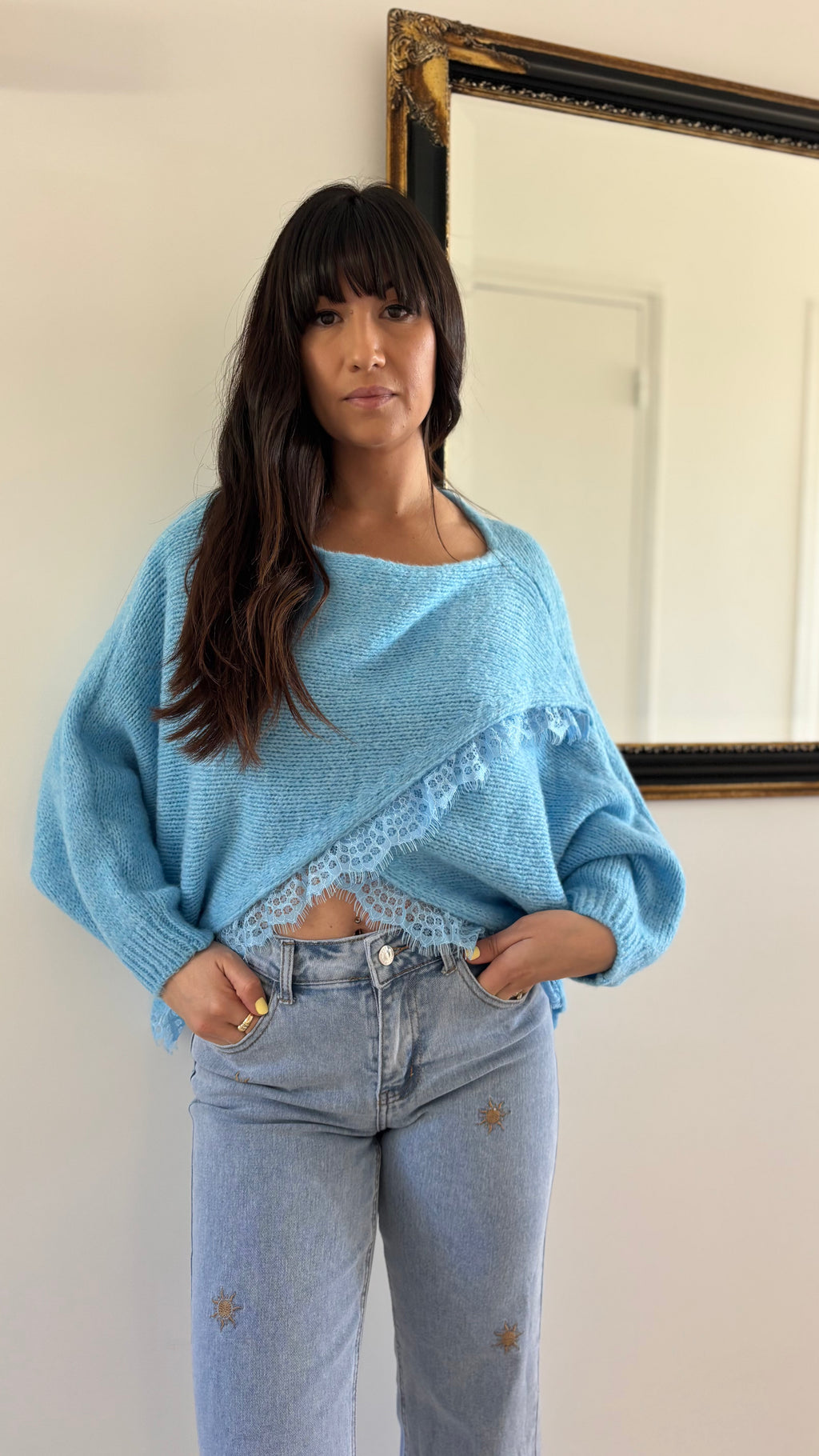 Jean droit broderie soleil