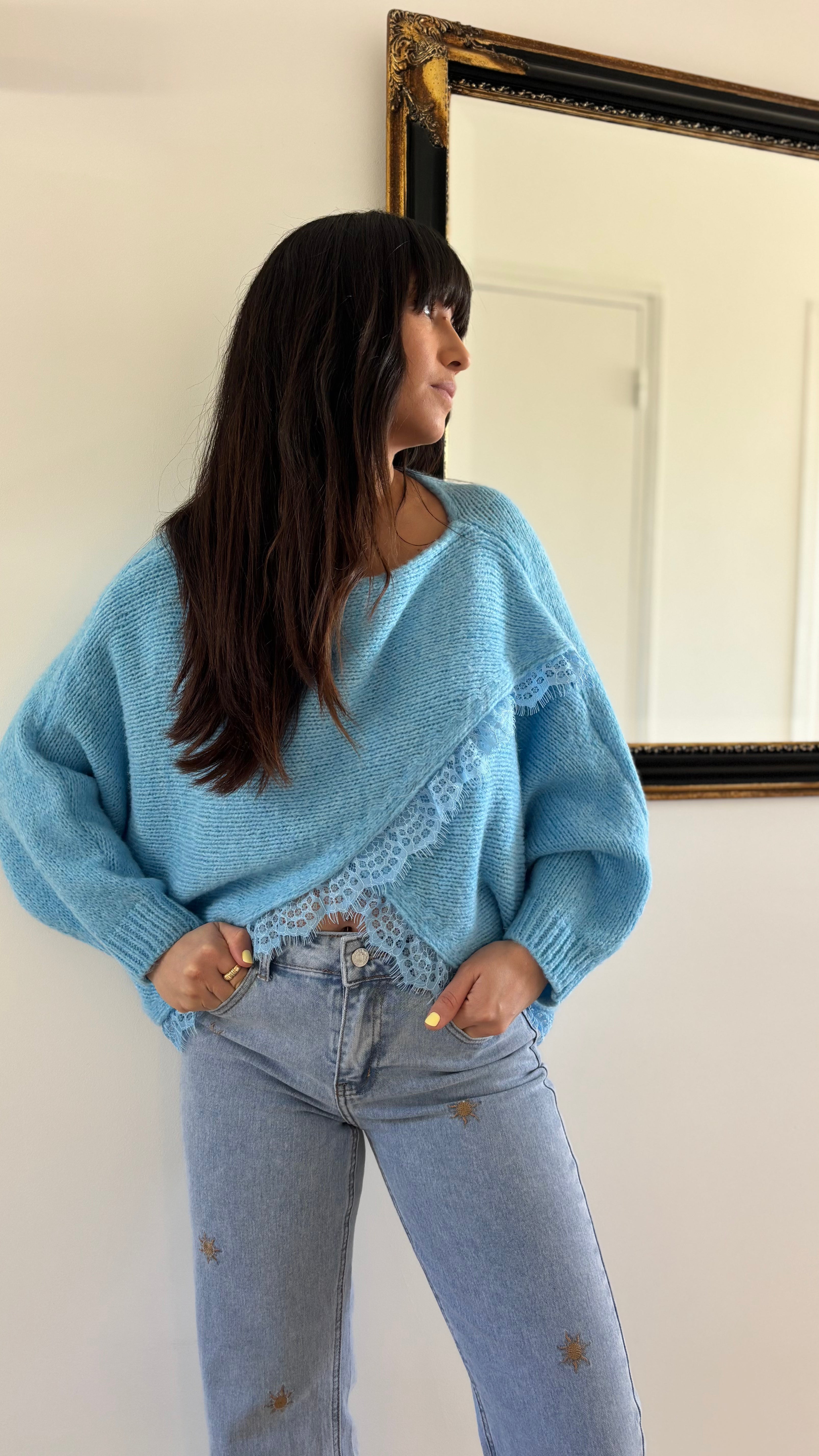 Jean droit broderie soleil