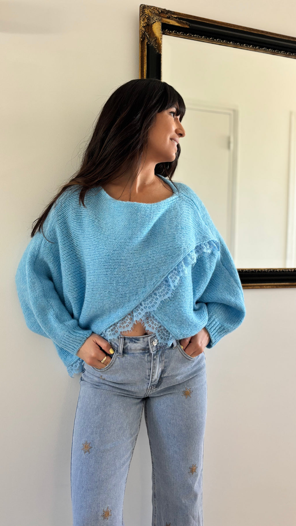 Jean droit broderie soleil
