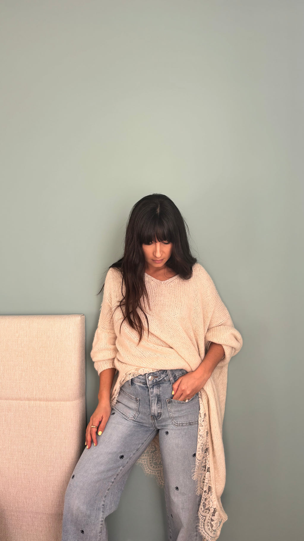 Jean jambe large broderie fleur