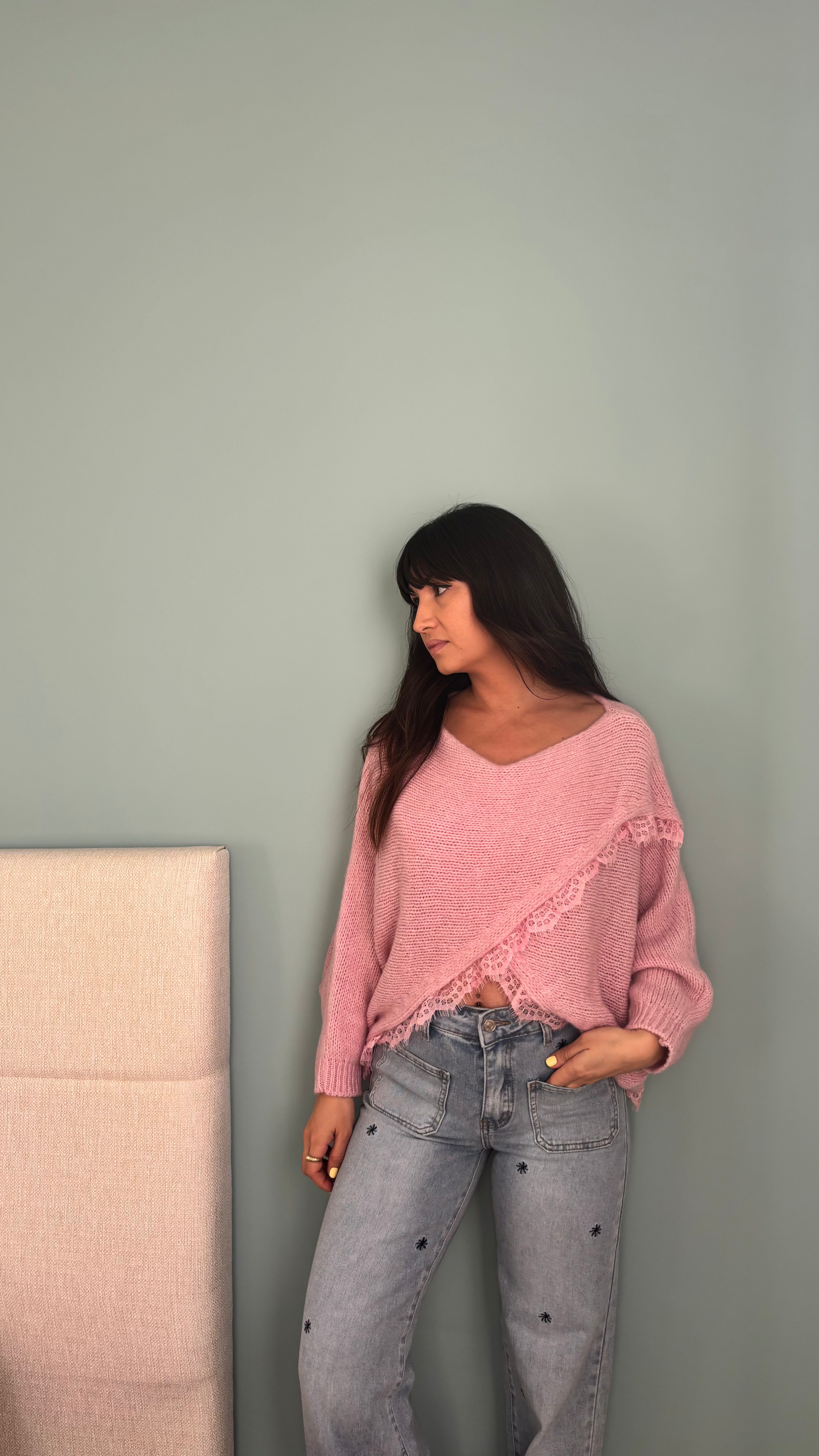 Jean jambe large broderie fleur