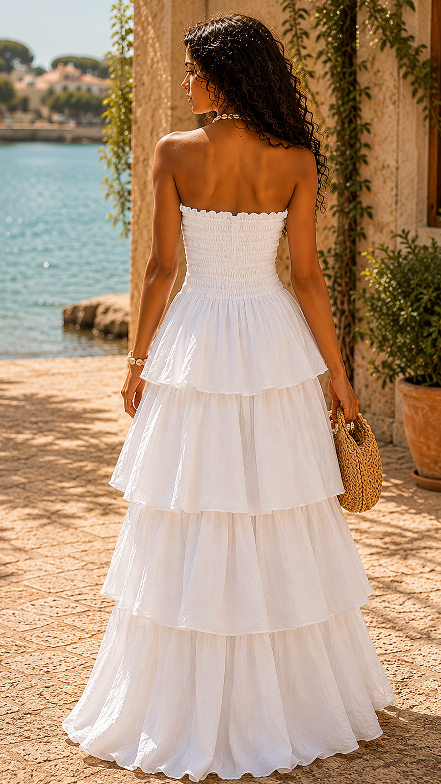 Robe bustier longue à volants Le passage boutique de dos blanche