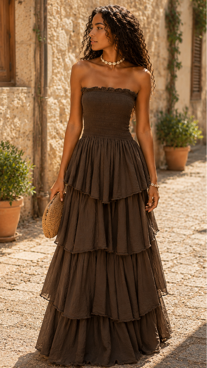 Robe bustier longue à volants