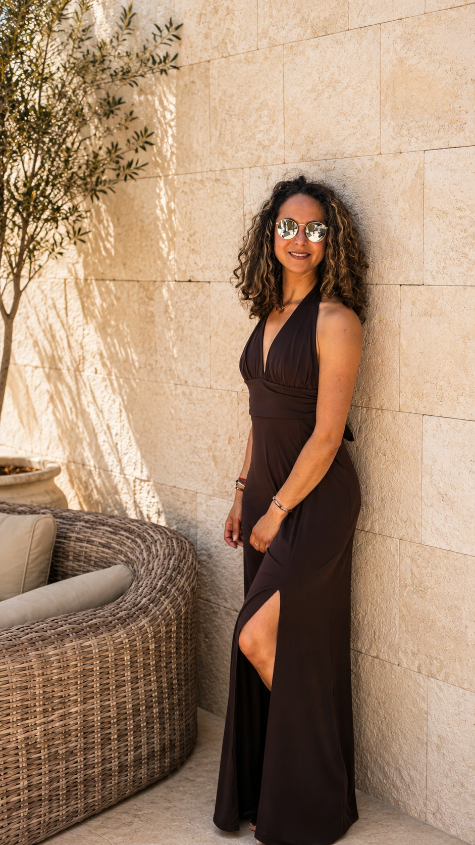 Robe longue dos nu fente marron